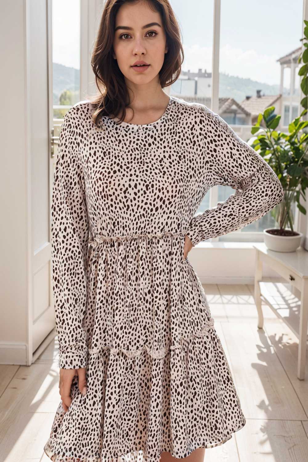loose leopard print v neck dress drop shoulder a line closed cape paneled 124986