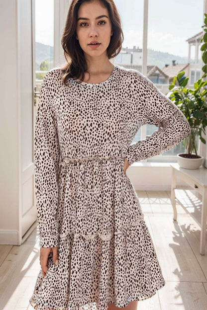 loose leopard print v neck dress drop shoulder a line closed cape paneled 124986