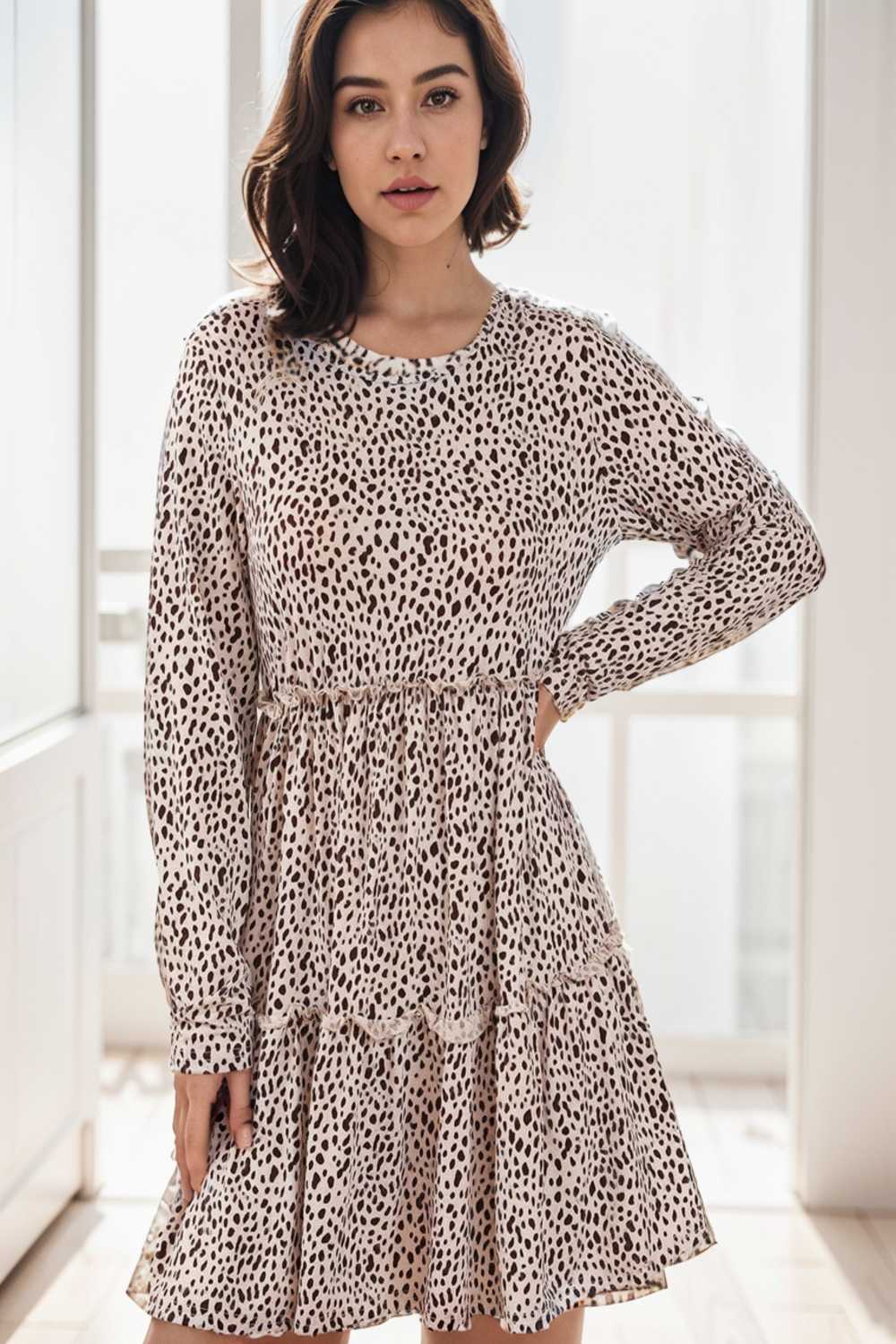 loose leopard print v neck dress drop shoulder a line closed cape paneled 140866