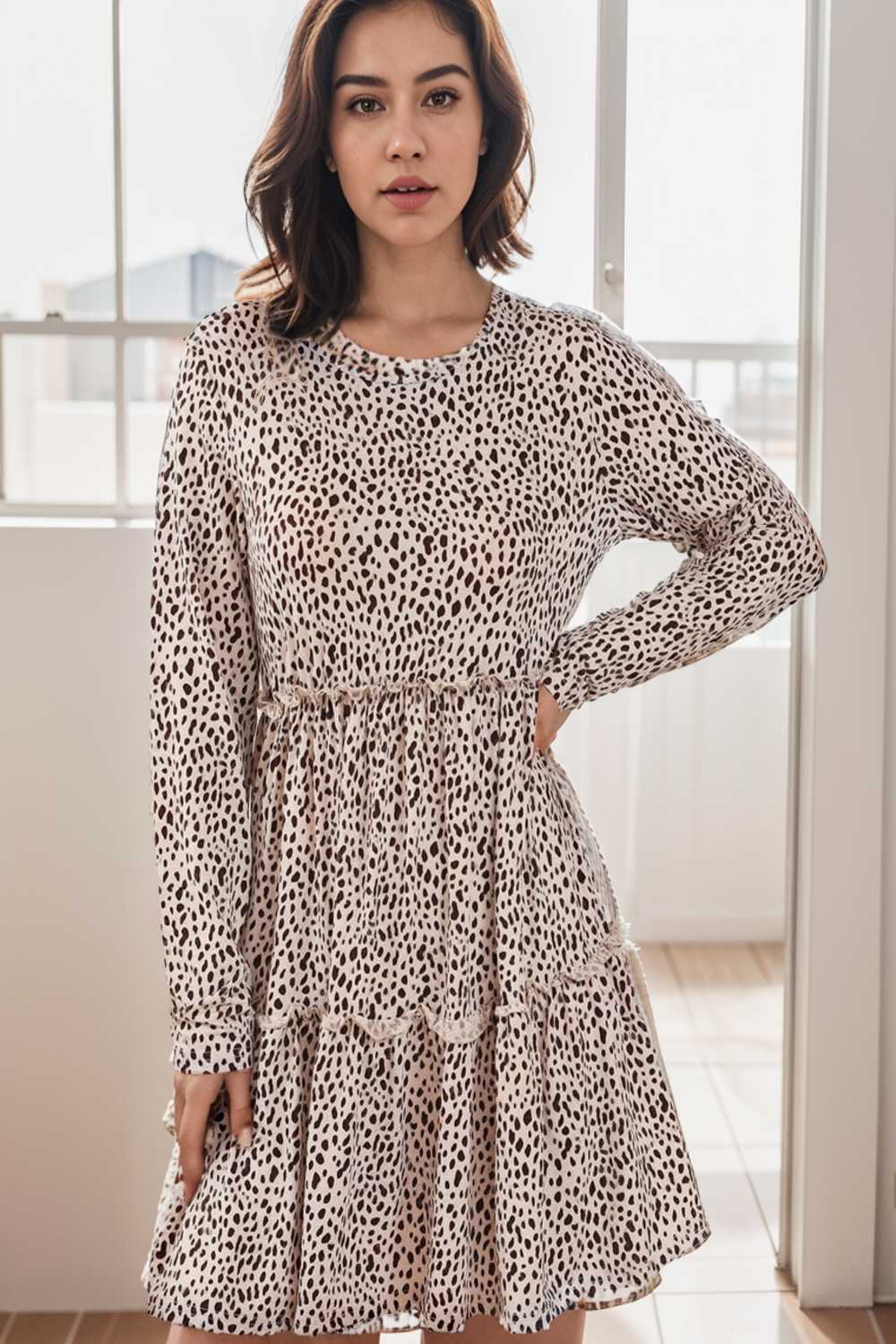 loose leopard print v neck dress drop shoulder a line closed cape paneled 141828