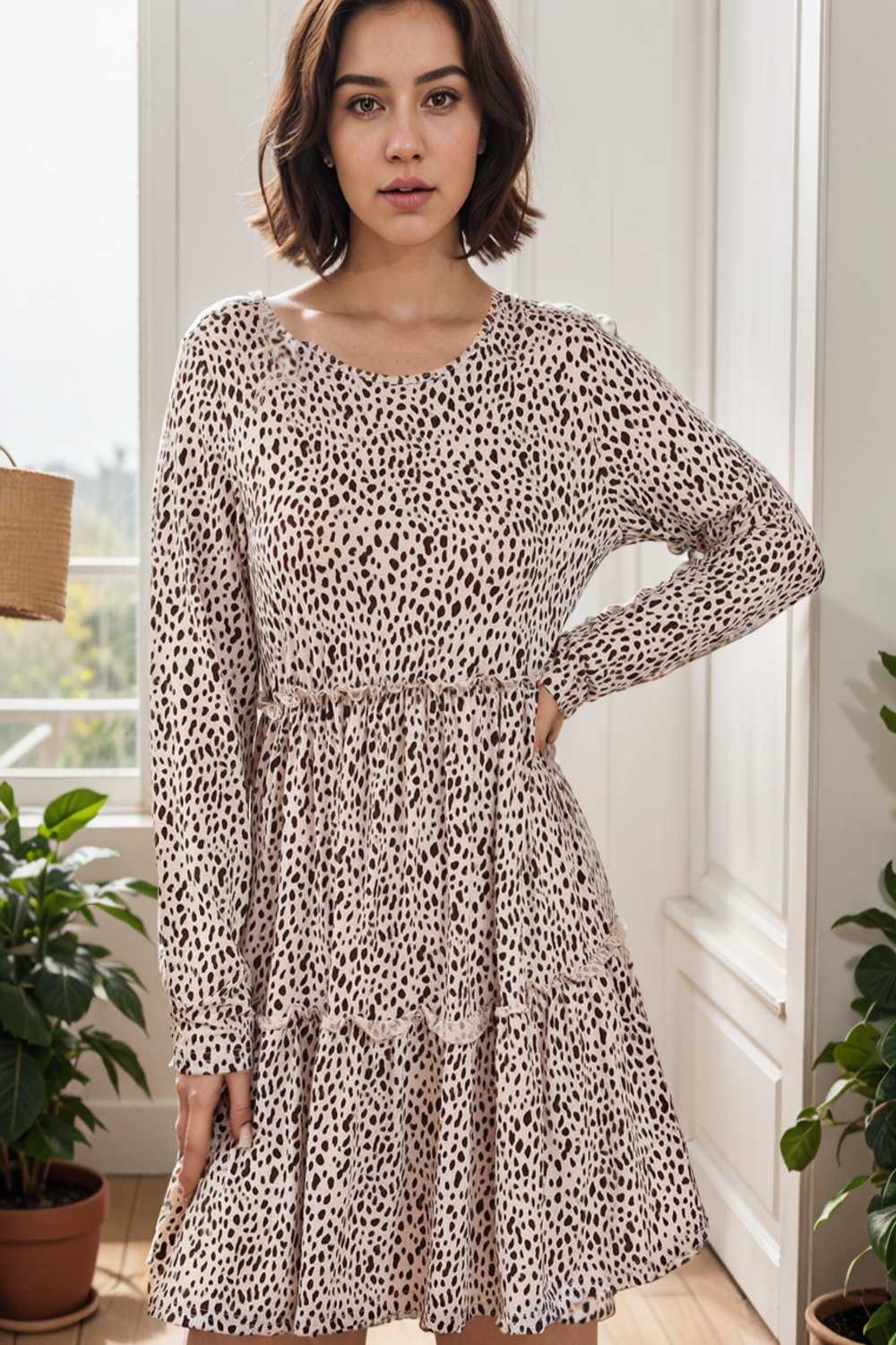 loose leopard print v neck dress drop shoulder a line closed cape paneled 140865