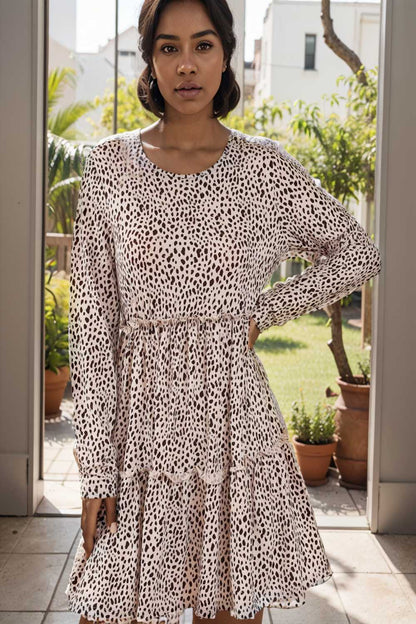 loose leopard print v neck dress drop shoulder a line closed cape paneled 127427
