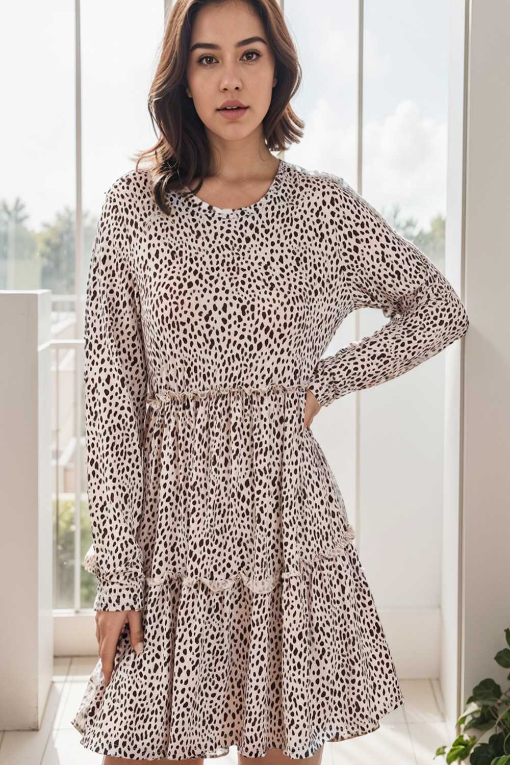 loose leopard print v neck dress drop shoulder a line closed cape paneled 141827