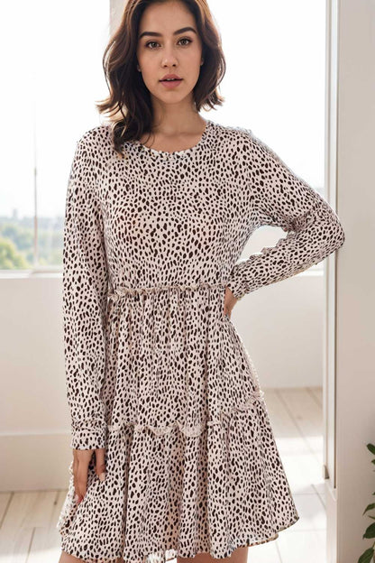 loose leopard print v neck dress drop shoulder a line closed cape paneled 141826