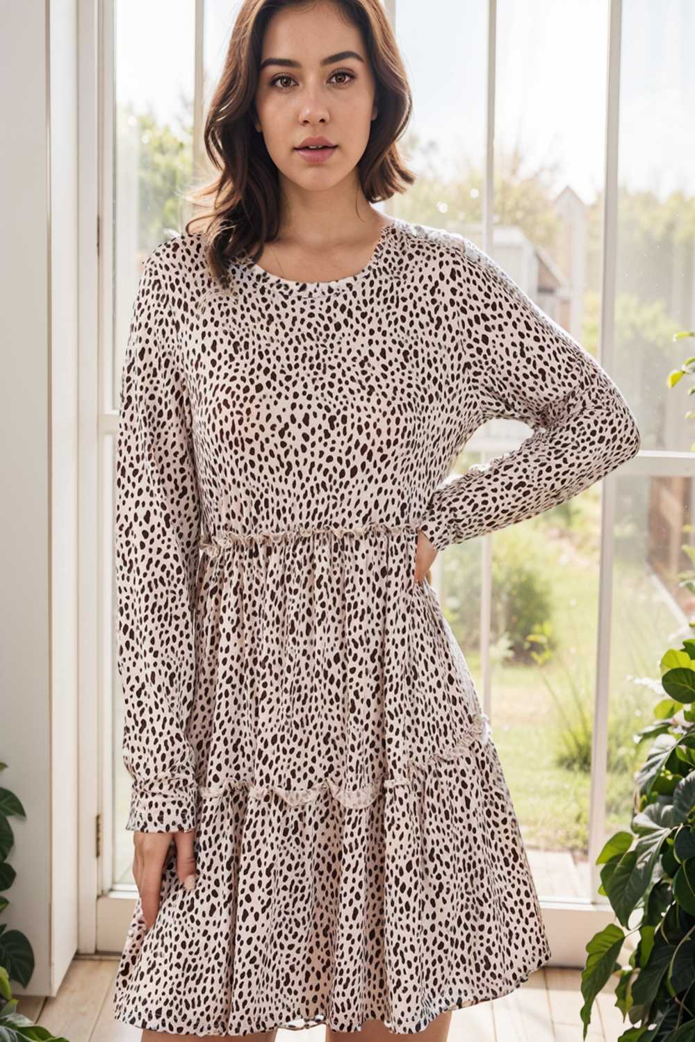 loose leopard print v neck dress drop shoulder a line closed cape paneled 140864