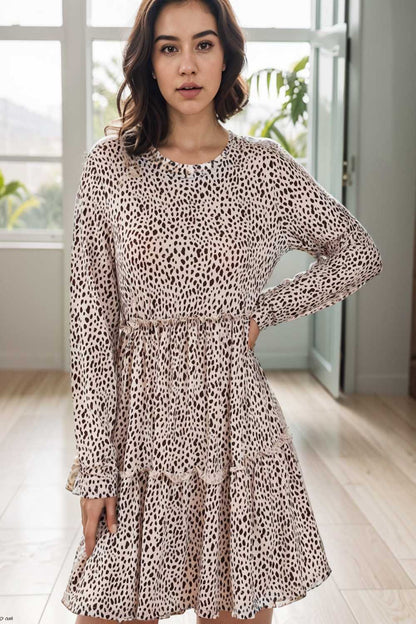 loose leopard print v neck dress drop shoulder a line closed cape paneled 124983