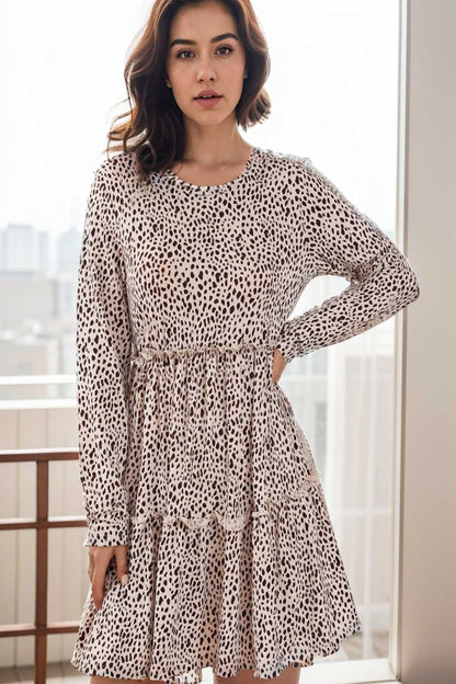 loose leopard print v neck dress drop shoulder a line closed cape paneled 140863