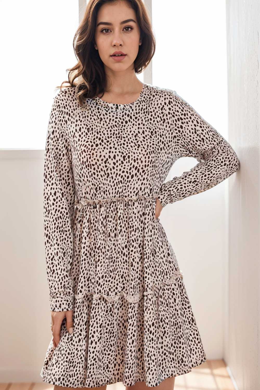 loose leopard print v neck dress drop shoulder a line closed cape paneled 141825