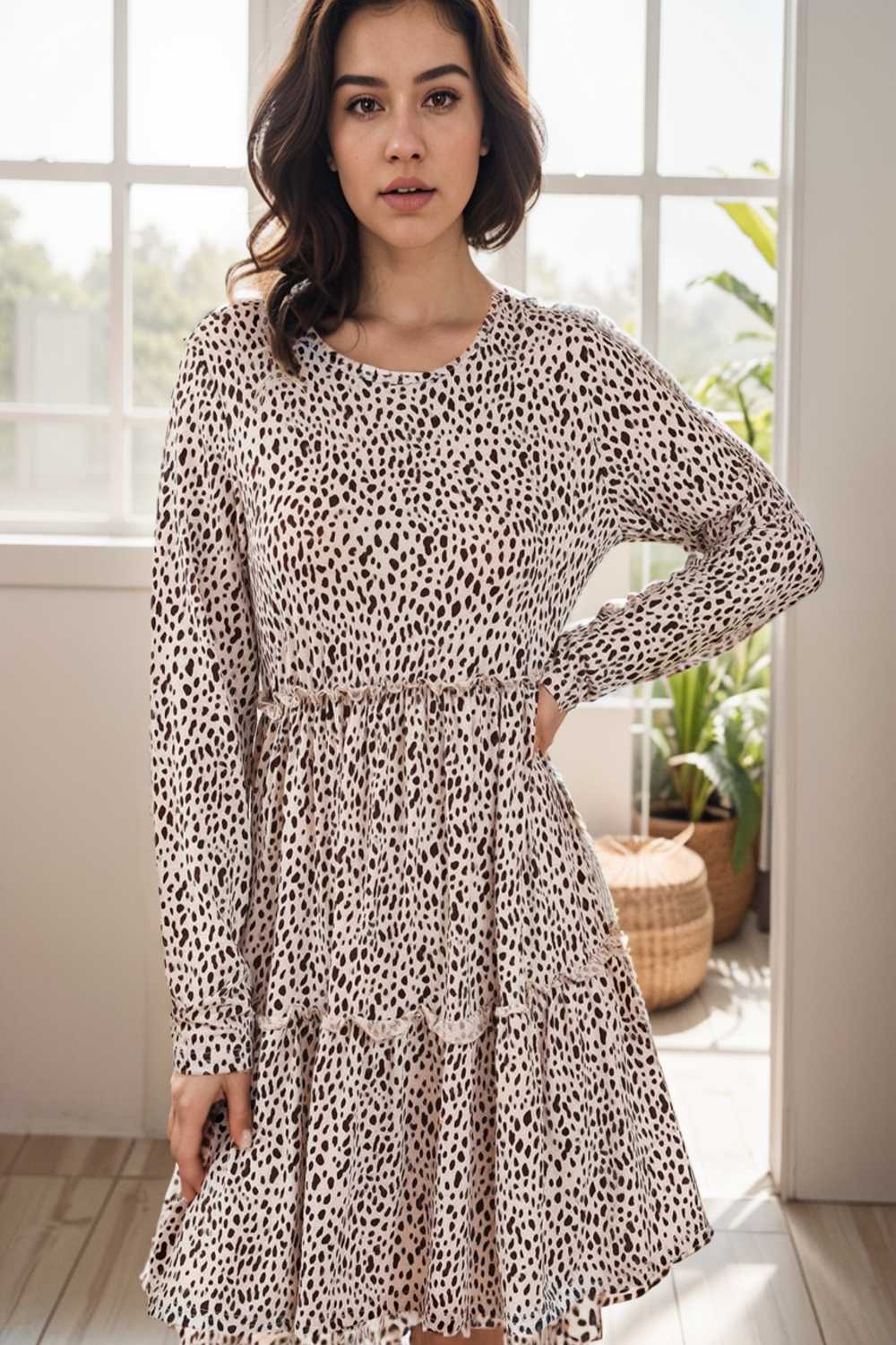 loose leopard print v neck dress drop shoulder a line closed cape paneled 129545