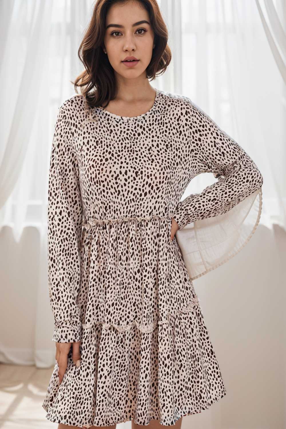 loose leopard print v neck dress drop shoulder a line closed cape paneled 124982