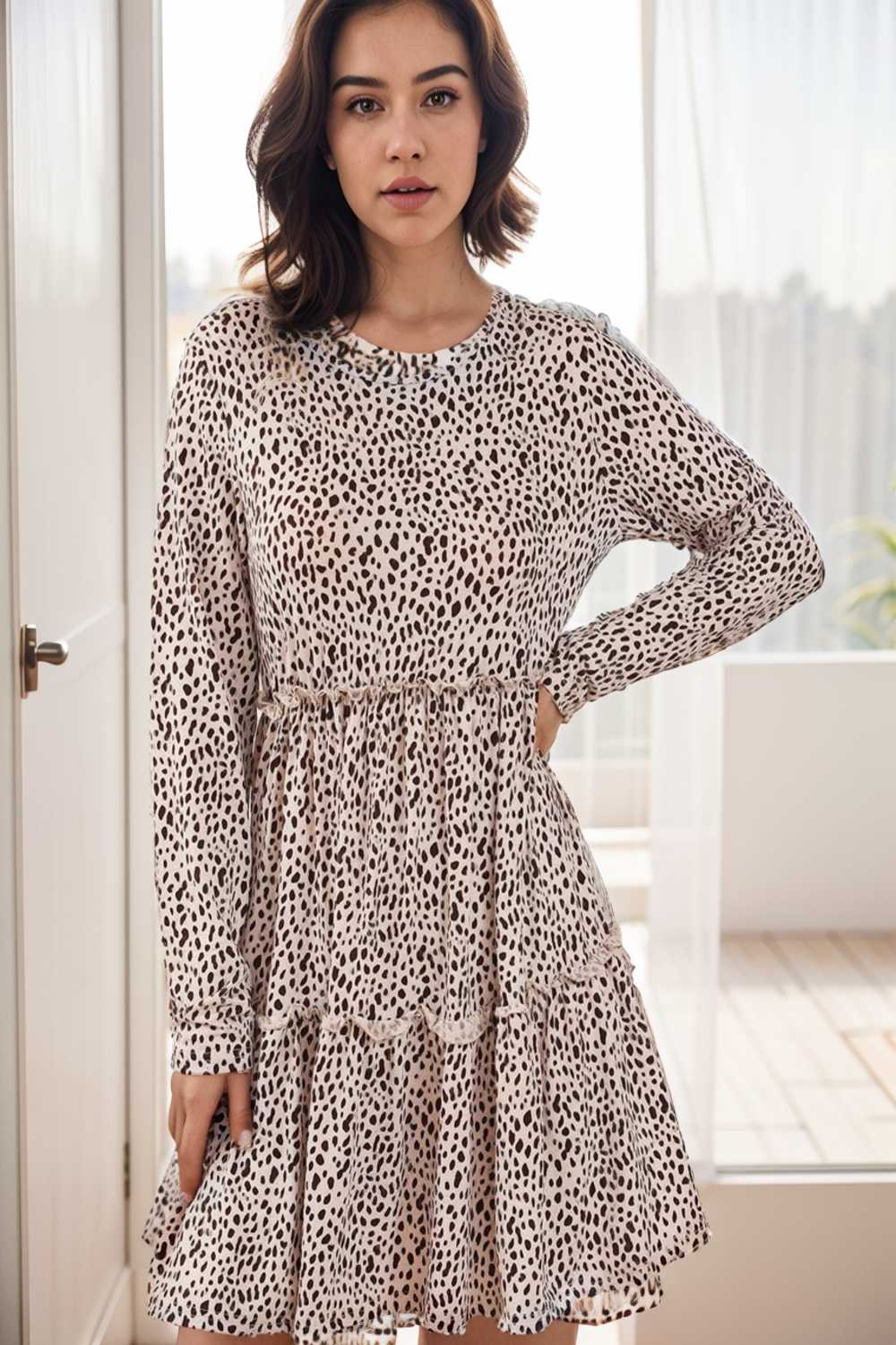 loose leopard print v neck dress drop shoulder a line closed cape paneled 140862