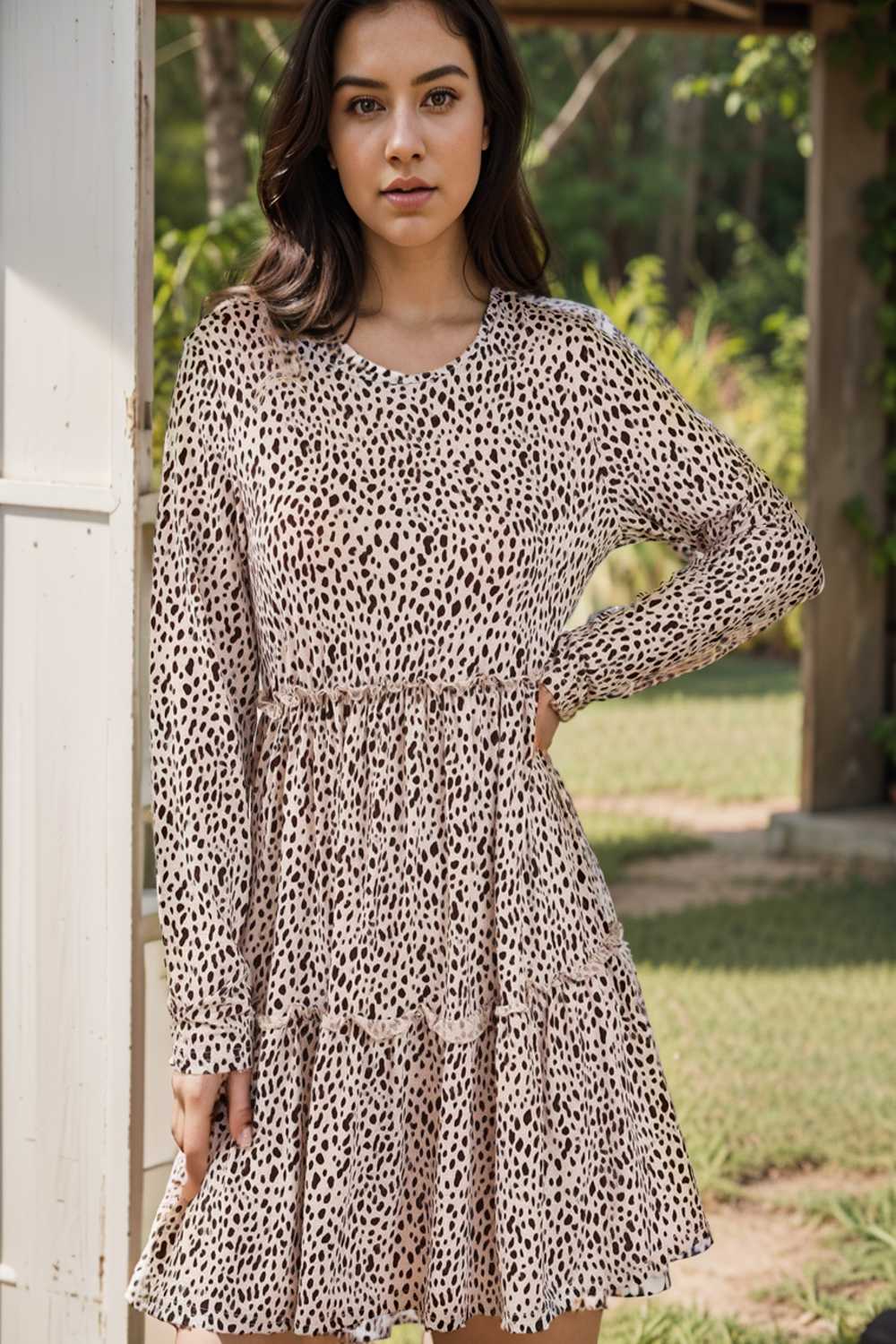 loose leopard print v neck dress drop shoulder a line closed cape paneled 140861