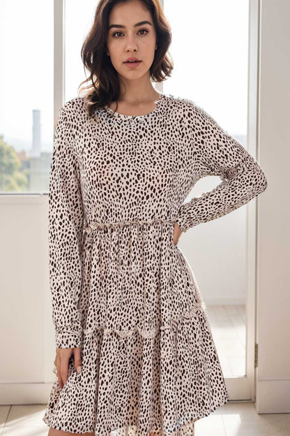 loose leopard print v neck dress drop shoulder a line closed cape paneled 141823