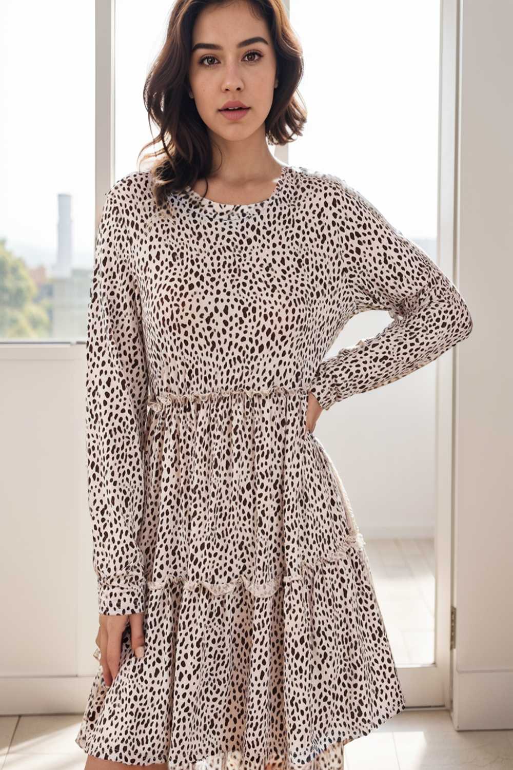 loose leopard print v neck dress drop shoulder a line closed cape paneled 129544