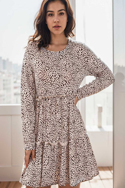 loose leopard print v neck dress drop shoulder a line closed cape paneled 140860