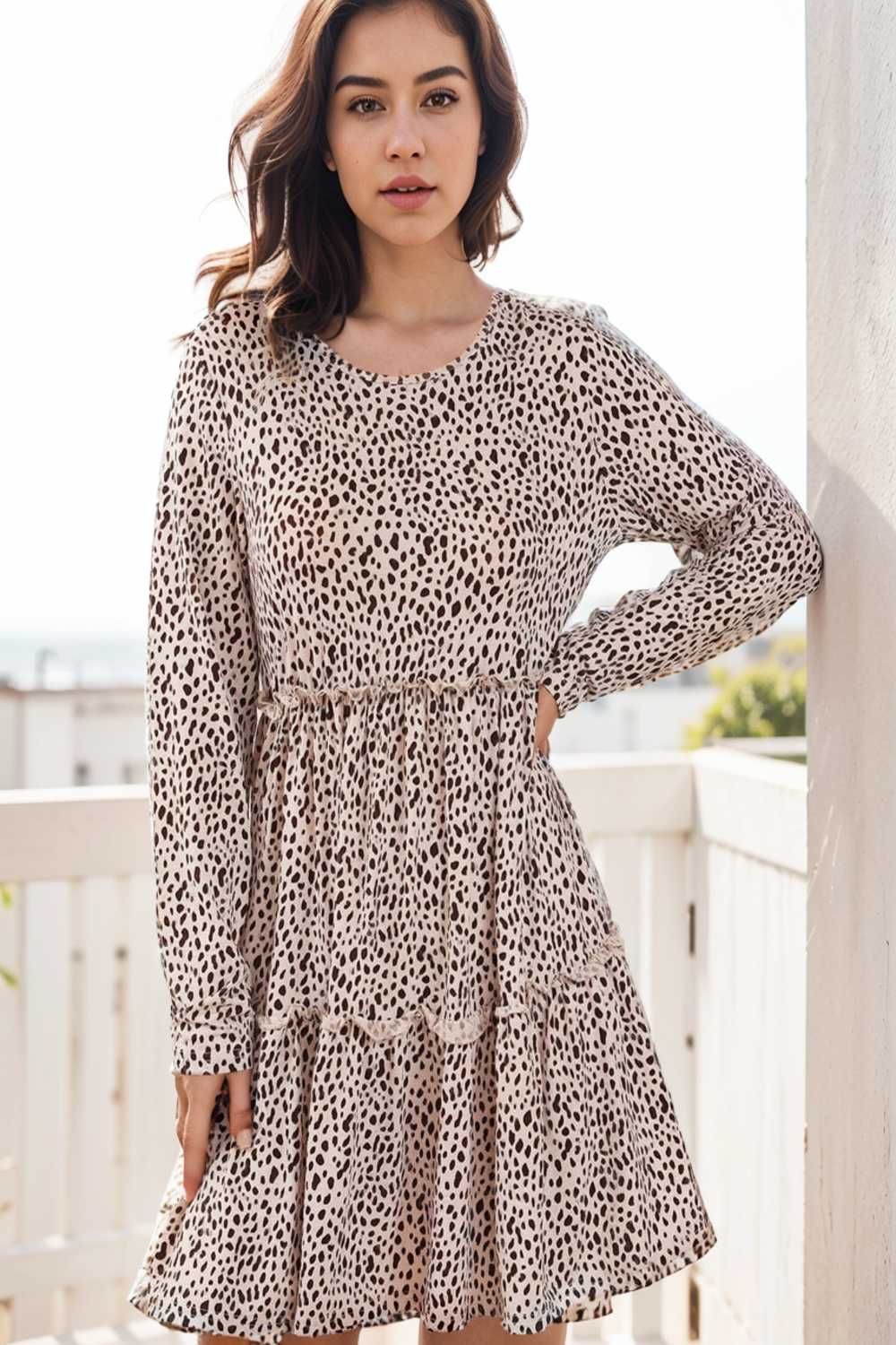 loose leopard print v neck dress drop shoulder a line closed cape paneled 140859