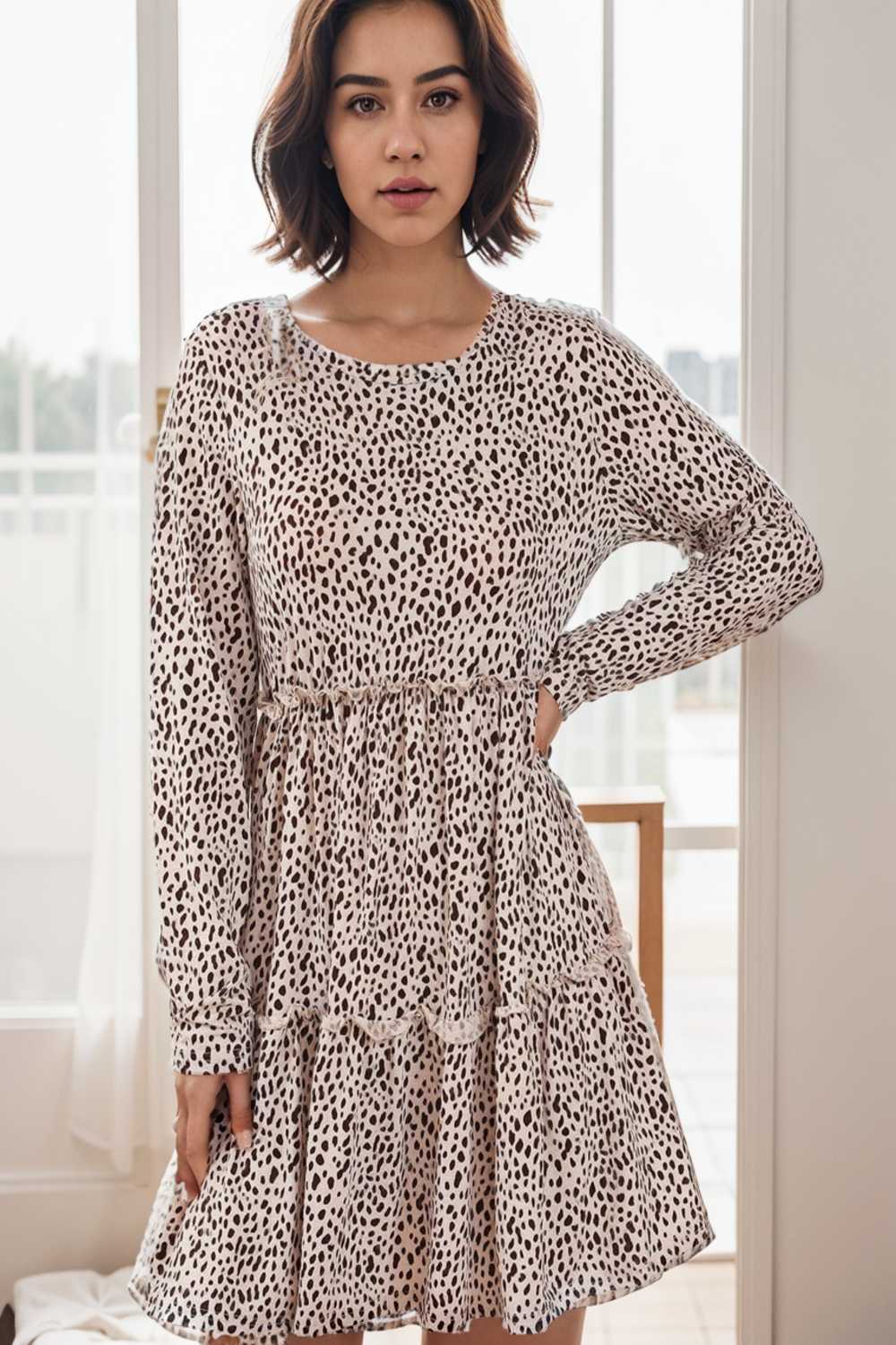 loose leopard print v neck dress drop shoulder a line closed cape paneled 105054