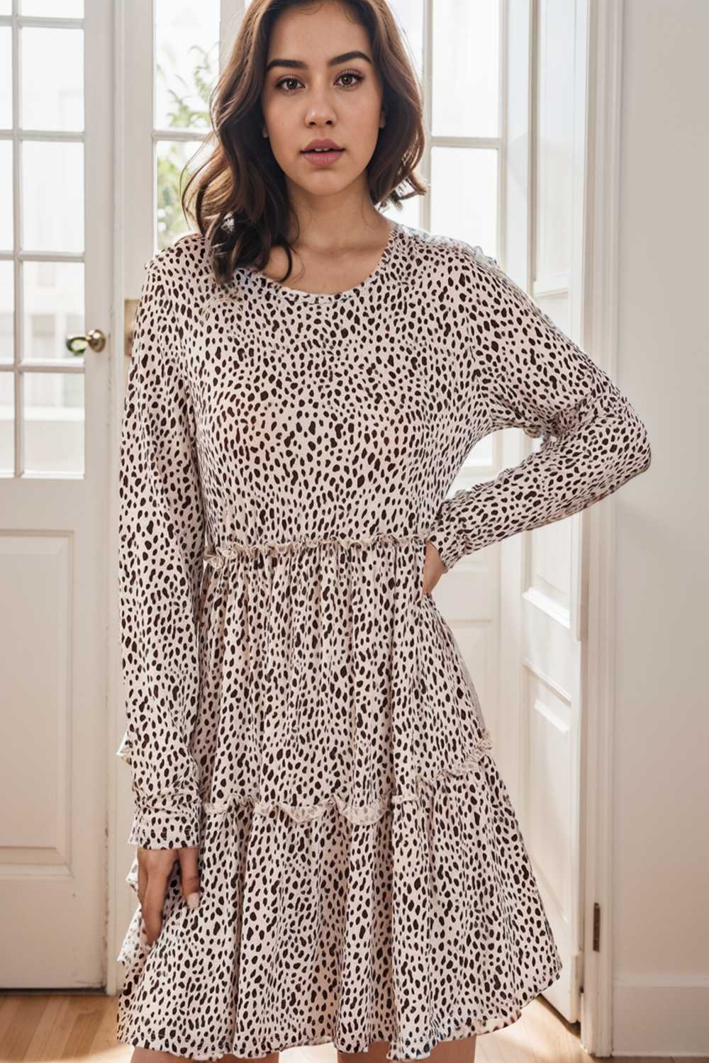 loose leopard print v neck dress drop shoulder a line closed cape paneled 140858