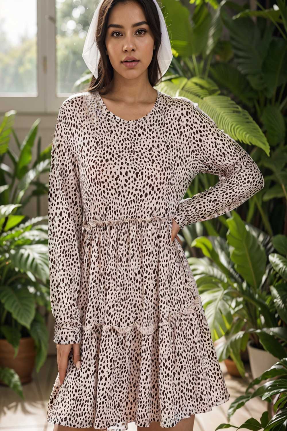 loose leopard print v neck dress drop shoulder a line closed cape paneled 140857