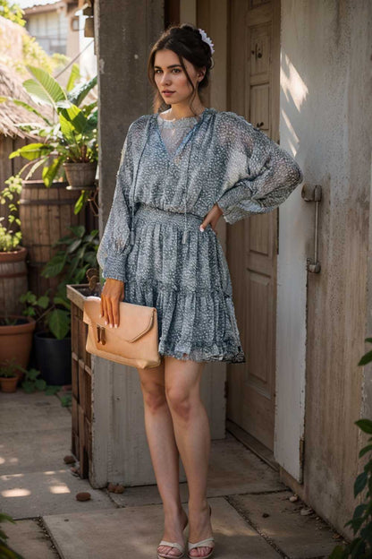 loose leopard print v neck dress drop shoulder a line closed cape paneled 136567