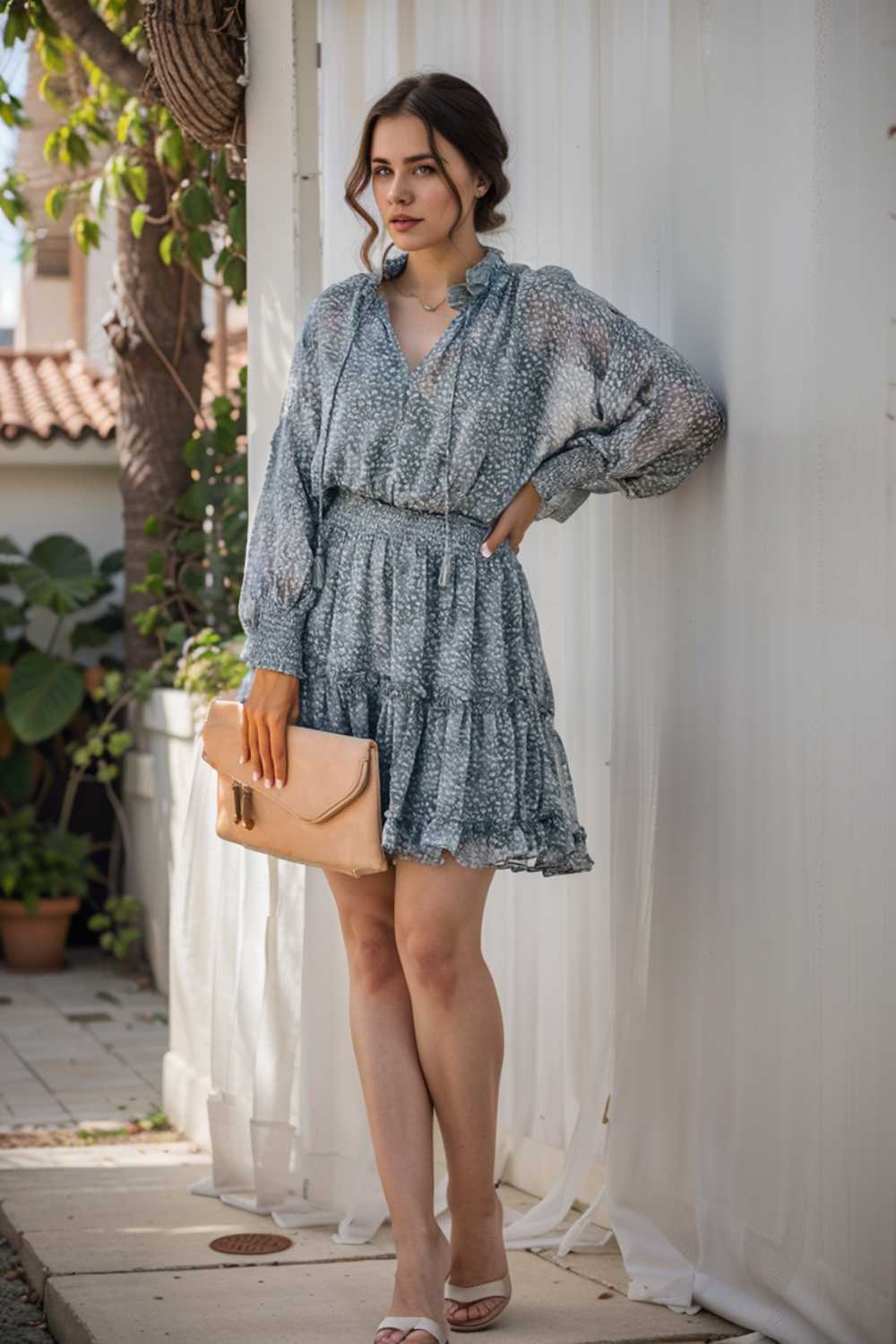 loose leopard print v neck dress drop shoulder a line closed cape paneled 107666