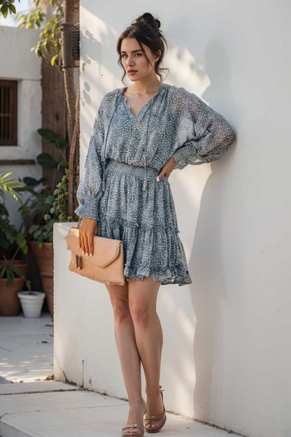 loose leopard print v neck dress drop shoulder a line closed cape paneled 107369