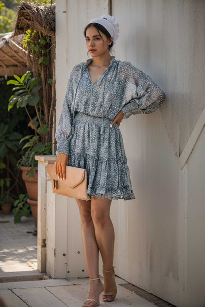 loose leopard print v neck dress drop shoulder a line closed cape paneled 135184