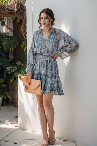 loose leopard print v neck dress drop shoulder a line closed cape paneled 132925