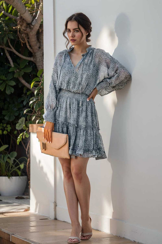 loose leopard print v neck dress drop shoulder a line closed cape paneled 124979