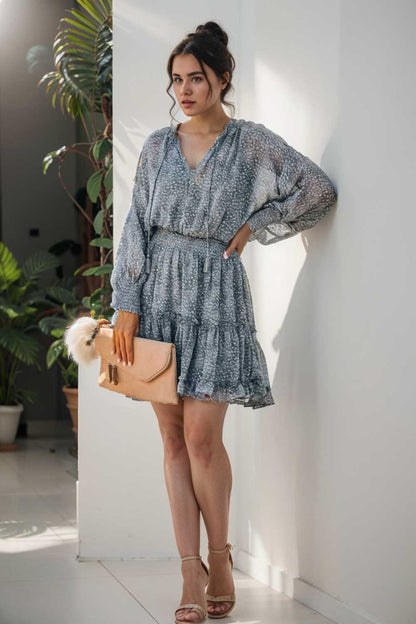 loose leopard print v neck dress drop shoulder a line closed cape paneled 127519