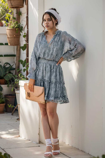 loose leopard print v neck dress drop shoulder a line closed cape paneled 111887