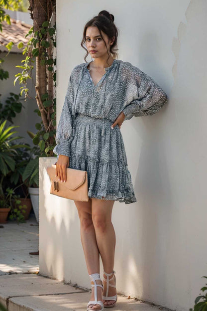 loose leopard print v neck dress drop shoulder a line closed cape paneled 132924