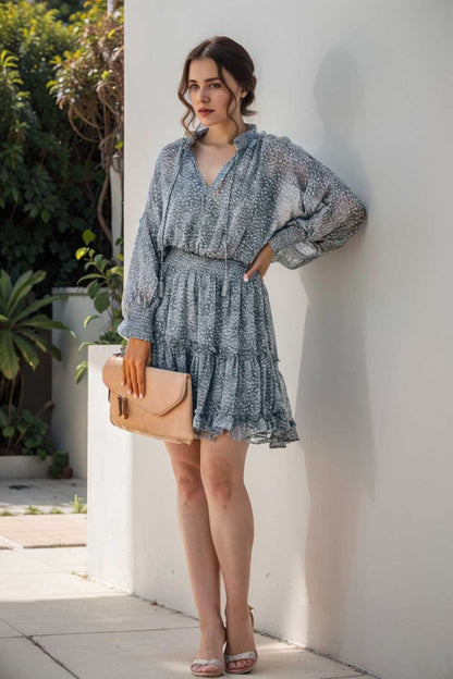 loose leopard print v neck dress drop shoulder a line closed cape paneled 124978
