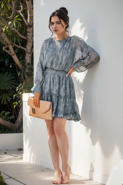 loose leopard print v neck dress drop shoulder a line closed cape paneled 127423