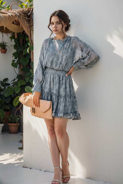 loose leopard print v neck dress drop shoulder a line closed cape paneled 132921