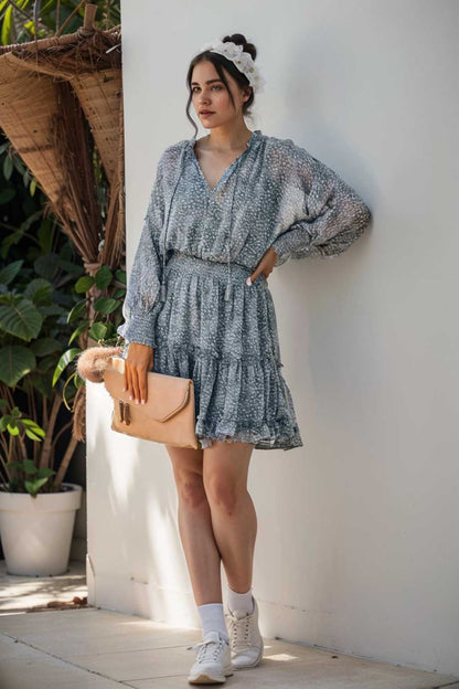 loose leopard print v neck dress drop shoulder a line closed cape paneled 124975