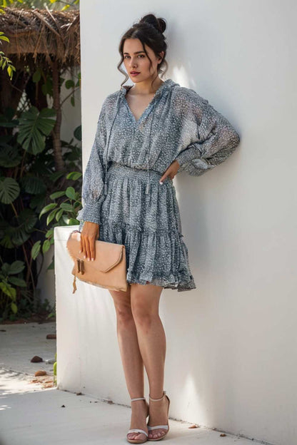 loose leopard print v neck dress drop shoulder a line closed cape paneled 127418