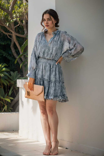 loose leopard print v neck dress drop shoulder a line closed cape paneled 124972
