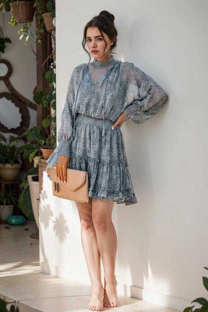 loose leopard print v neck dress drop shoulder a line closed cape paneled 124970