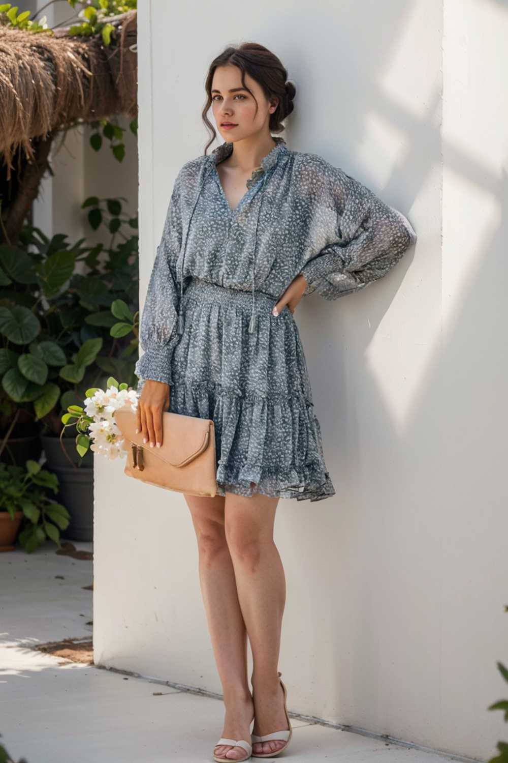 loose leopard print v neck dress drop shoulder a line closed cape paneled 105053