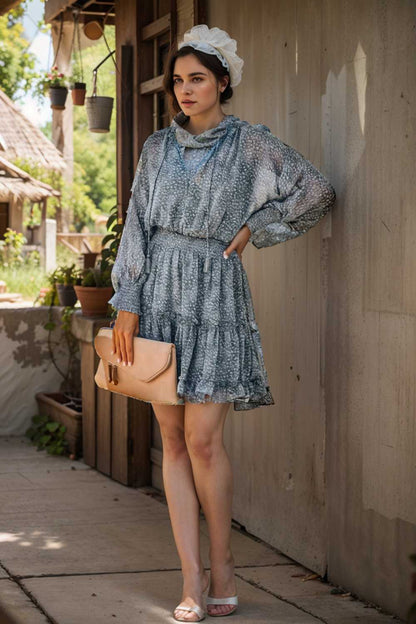 loose leopard print v neck dress drop shoulder a line closed cape paneled 127411