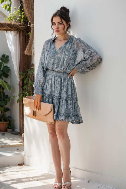 loose leopard print v neck dress drop shoulder a line closed cape paneled 127410