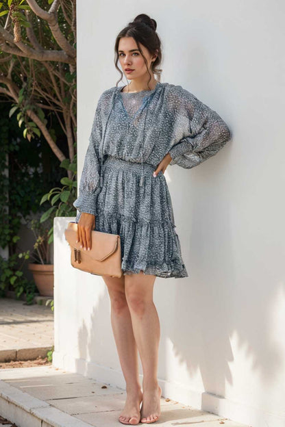 loose leopard print v neck dress drop shoulder a line closed cape paneled 127409
