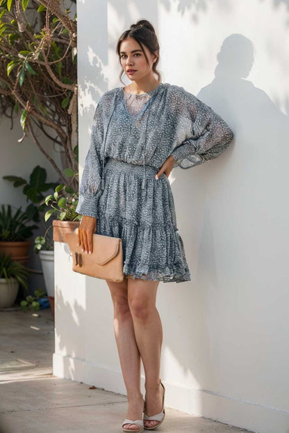 loose leopard print v neck dress drop shoulder a line closed cape paneled 141708