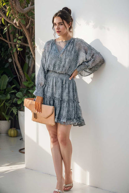 loose leopard print v neck dress drop shoulder a line closed cape paneled 127407