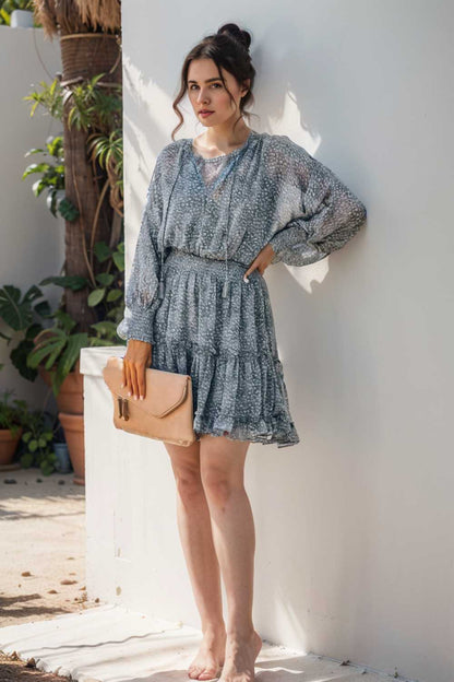 loose leopard print v neck dress drop shoulder a line closed cape paneled 126195