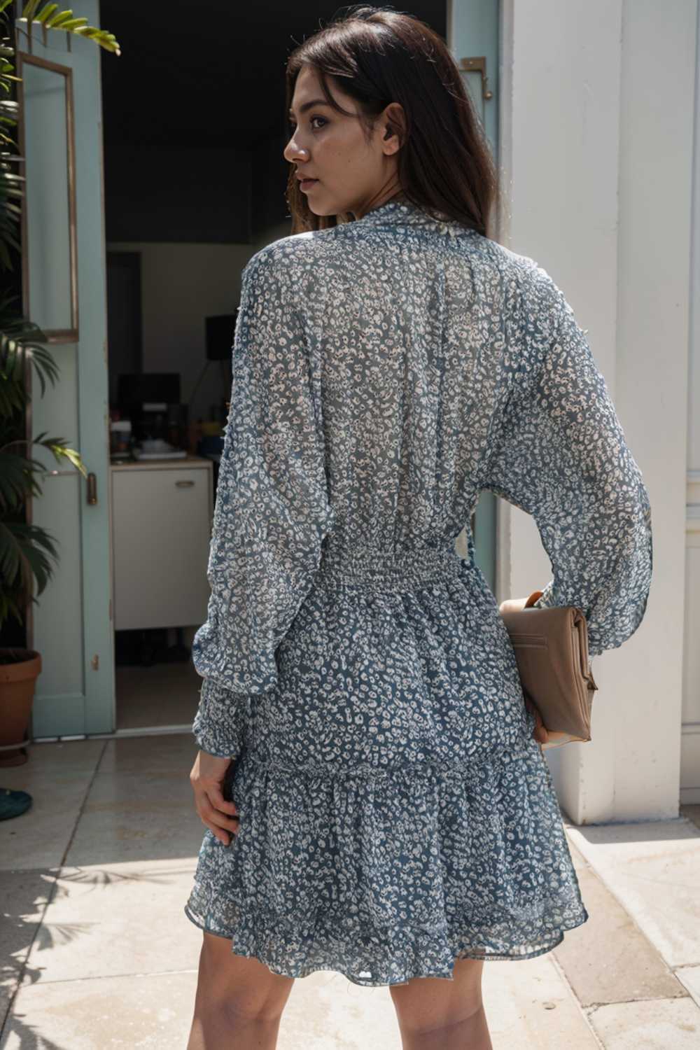loose leopard print v neck dress drop shoulder a line closed cape paneled 111878
