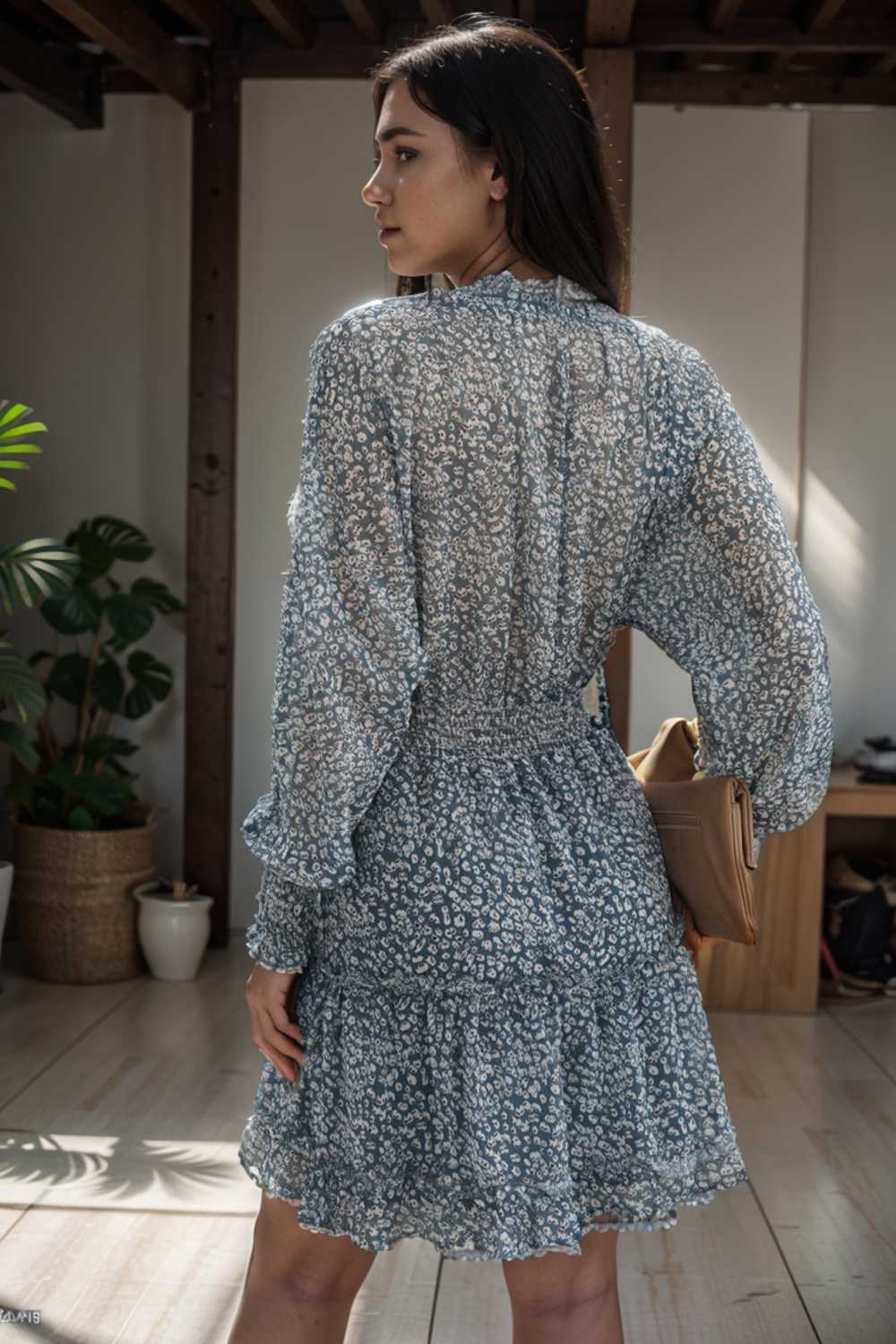 loose leopard print v neck dress drop shoulder a line closed cape paneled 133799