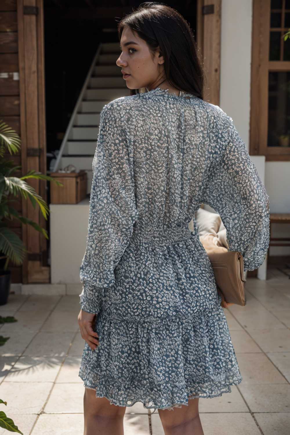 loose leopard print v neck dress drop shoulder a line closed cape paneled 141794
