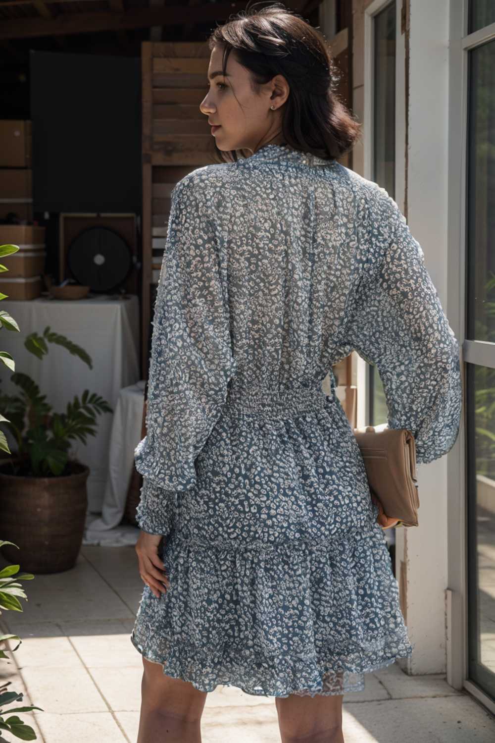 loose leopard print v neck dress drop shoulder a line closed cape paneled 133795